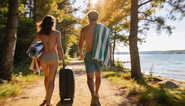 Walking couple carrying suitcase and striped towels along sunlit lakeside path in swimwear