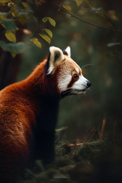 Red panda face away in lush forest setting. Ideal for wildlife conservation material, educational articles, or nature-themed designs.