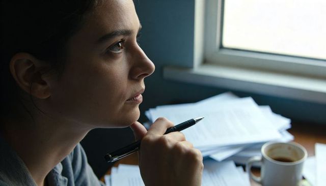 Woman gazing out window while reviewing papers and holding pen, contemplative workspace
