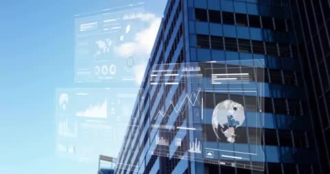 Video Showing Augmented Reality Data Dashboards Projecting Across Glass Facade of Modern Skyscraper