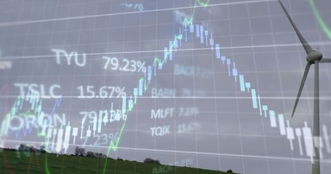 Financial Data Displayed Over Wind Turbine in Rural Landscape