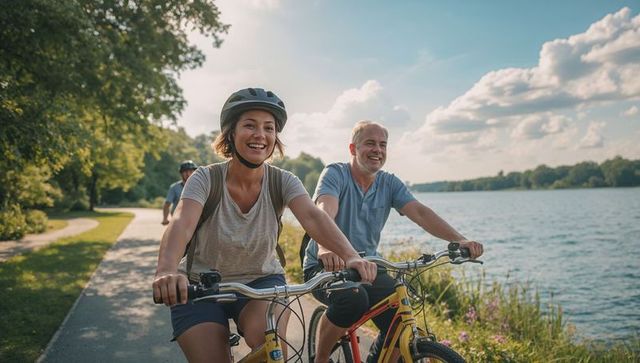 Smiling couple cycling along lakeside trail, woman wearing helmet and backpack together