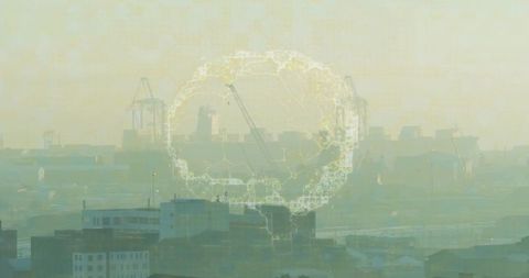 Glowing digital network orb hovering over hazy industrial harbor with cranes and vessels