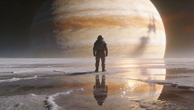 Standing astronaut on cracked ice pools reflecting massive gas giant storm