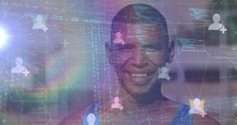 Digital network connections with smiling individual