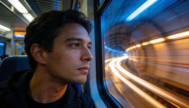 Contemplative commuter gazing out train window at tunnel light trails and reflection