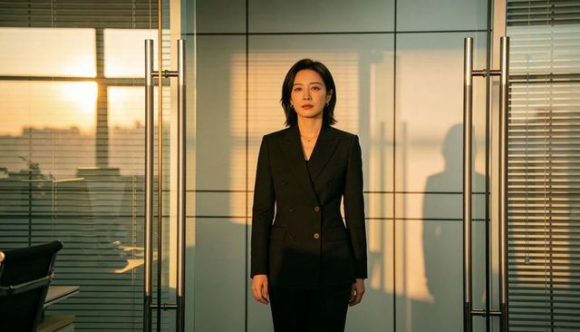 Standing asian businesswoman in black suit framed by glass office at sunset