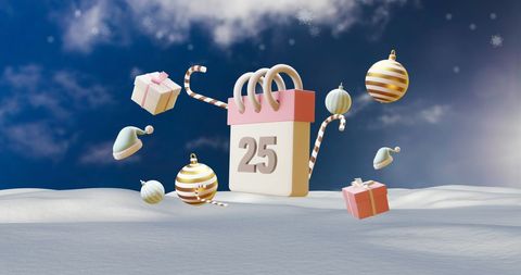 December Festive Scene with Floating Christmas Ornaments