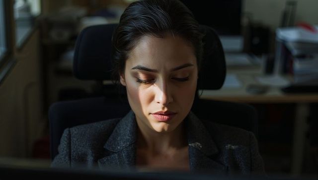Focused businesswoman working at computer in private office with dramatic sunlight