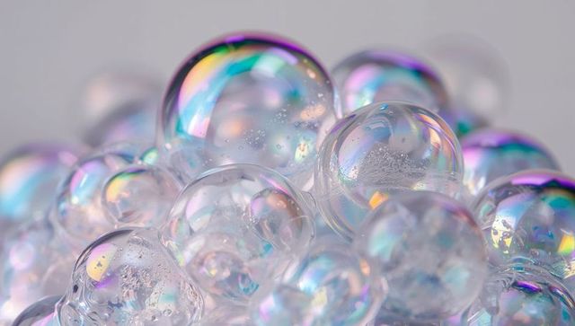 Iridescent Soap Bubble Cluster Macro Closeup with Pastel Reflections