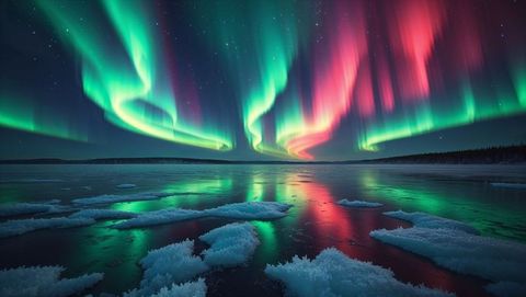 Enthralling aurora borealis dancing over frozen lake