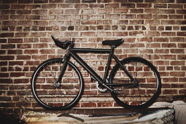 Black vintage-style bicycle leaning against old rustic brick wall, suitable for urban lifestyle promotions, retro-themed designs, cycling-related projects, or decorative wall art. Captures old-fashioned charm and urban vibe, ideal for use in blogs, magazines, or advertisements.