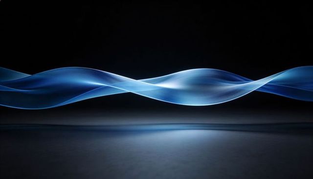 Glowing blue ribbon floating over reflective surface minimalist abstract wave