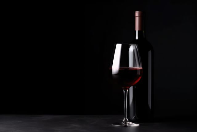 A sophisticated arrangement featuring a wine bottle and glass filled with red wine against a dark background. Suitable for use in menus, promotional materials for wine brands, advertisements for fine dining restaurants, or articles about wine and alcoholic beverages.