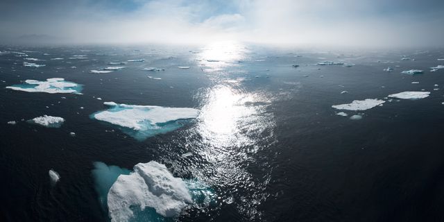 Aerial view of scattered icebergs floating in the Arctic Ocean under the bright sunlight reflecting on the water. This image highlights the beauty and fragility of polar regions, making it perfect for topics on climate change, environmental conservation, nature documentaries, educational materials, scientific research, and travel destinations.