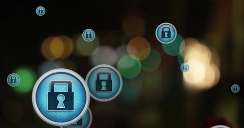 Multiple Digital Padlock Icons on City Street at Night