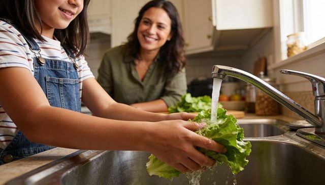 Child washing lettuce at sunlit kitchen sink with smiling caregiver guiding