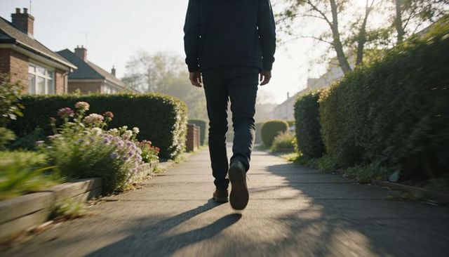 Walking man on suburban sidewalk with manicured hedges, garden flowers and morning sunlight