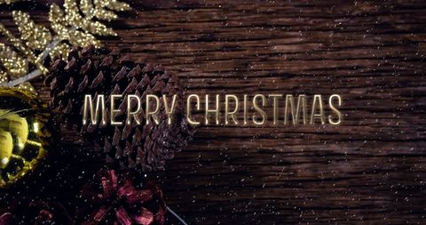 Festive Merry Christmas Greeting with Snow and Pine Cones Background