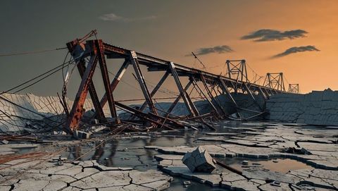 Rusted steel tower collapsing across barren apocalyptic landscape