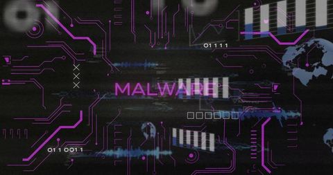 Glitching magenta malware text on cyber circuit dashboard with binary waveforms