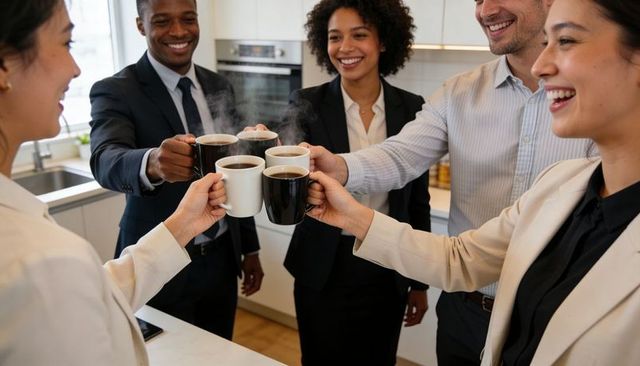 Team clinking steaming coffee mugs in modern office kitchenette celebrating teamwork