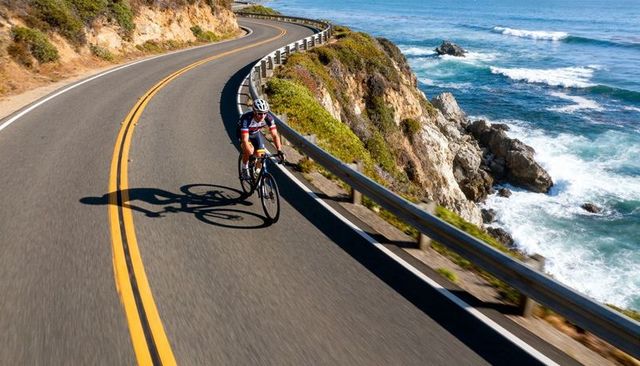 Cyclist riding coastal highway along ocean cliffs on winding road, outdoor endurance