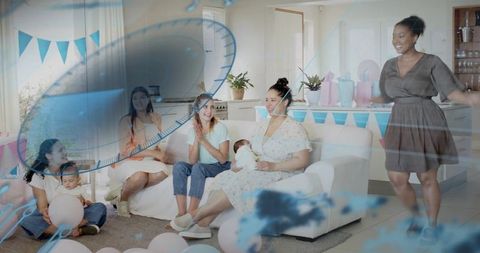 Expecting and new mothers celebrating baby shower with pastel balloons and joy