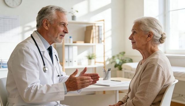 Elderly woman consulting with doctor in sunlit clinic during compassionate medical consultation
