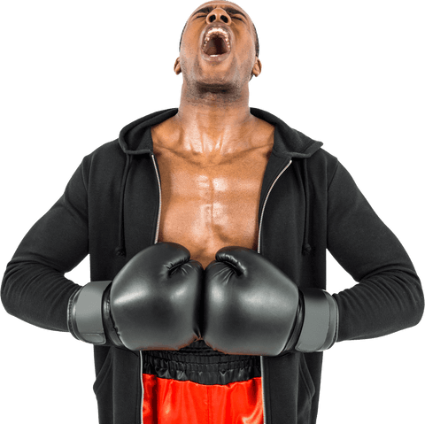 Boxer Preparing in Black Jacket and Gloves on Transparent Background