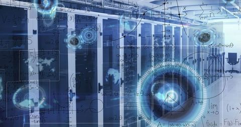Futuristic Data Center with Digital Overlay and Mathematical Formulas