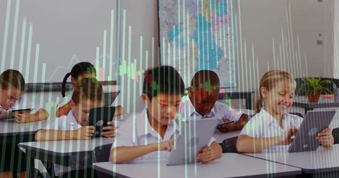 Children engaged in digital learning with technology data overlay