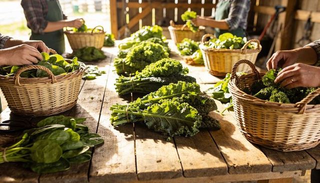 Farm workers sorting and trimming fresh kale and spinach on rustic barn table