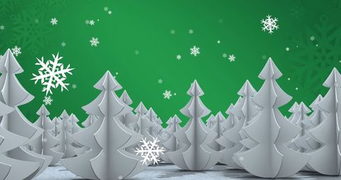Winter Wonderland with Snowflakes and Fir Trees on Green Background