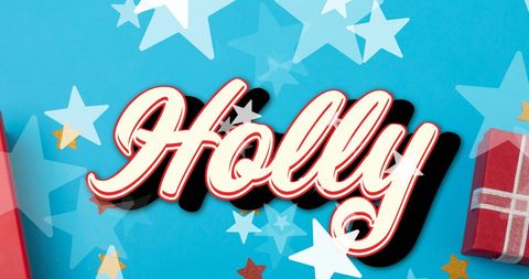 Festive holly text with falling stars and gift boxes