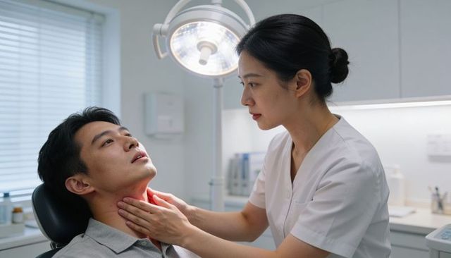 Female clinician palpating male patient throat during clinical examination in clinic under exam ligh