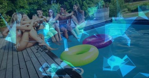 Toasting friends at backyard pool party with neon float rings and futuristic graphic overlay