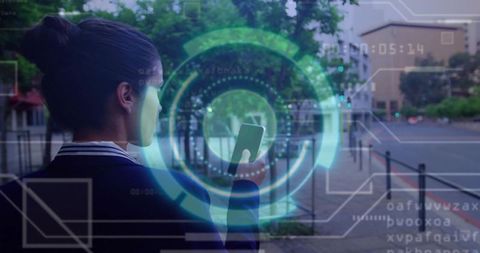 Businesswoman Using Futuristic HUD Interface in Urban Environment