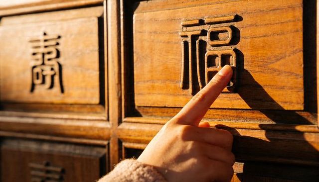 Hand tracing carved fu character on antique wooden panel in warm amber light