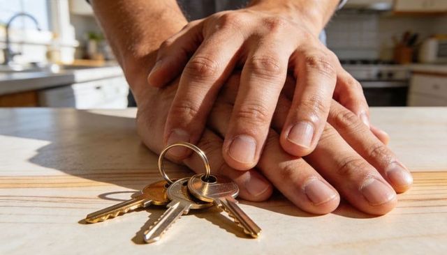 Resting adult hands protecting house keys on sunlit wooden countertop, kitchen closeup scene