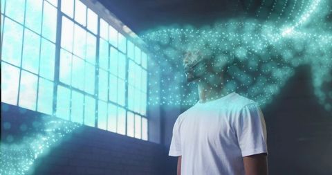 Man immersed in futuristic digital particle energy