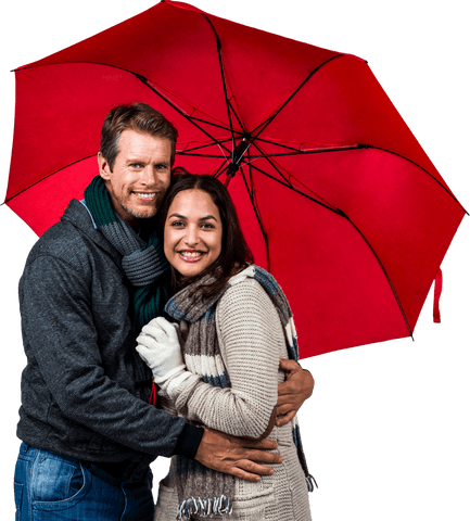 Transparent smiling couple with red umbrella embracing affectionately