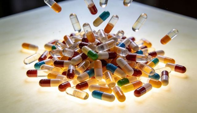 Glowing clear gel capsules hovering above illuminated surface with vibrant colored ends
