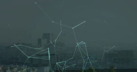 Digital network nodes overlapping city skyline