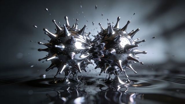Colliding chrome spheres with sharp spikes creating reflective liquid splash and ripples