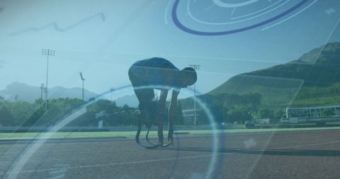 African american amputee runner on track with digital overlay