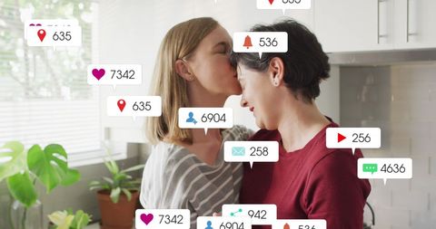 Social Media Engagement Overlaid on Affectionate Couple in Kitchen