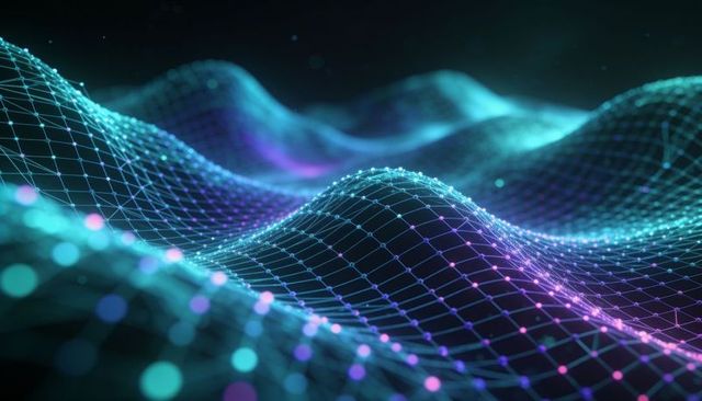 Neon wireframe wave landscape with glowing nodes and futuristic digital grid visualization