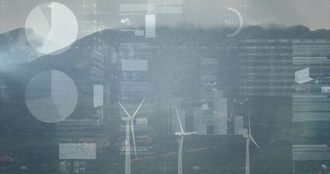 Misty hilltop wind farm with data visualization technology