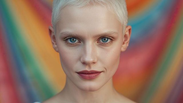Buzzed platinum hair model with rainbow backdrop